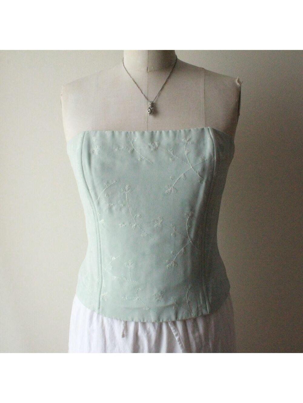 Mint Green Vintage Gunne Sax Embroidered Strapless Bustier Top by Jessica McClin